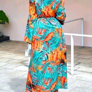 Allover Plant Print Belted Kimono